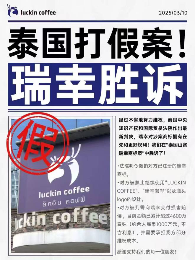 瑞幸成功打假泰国李鬼，获赔千万